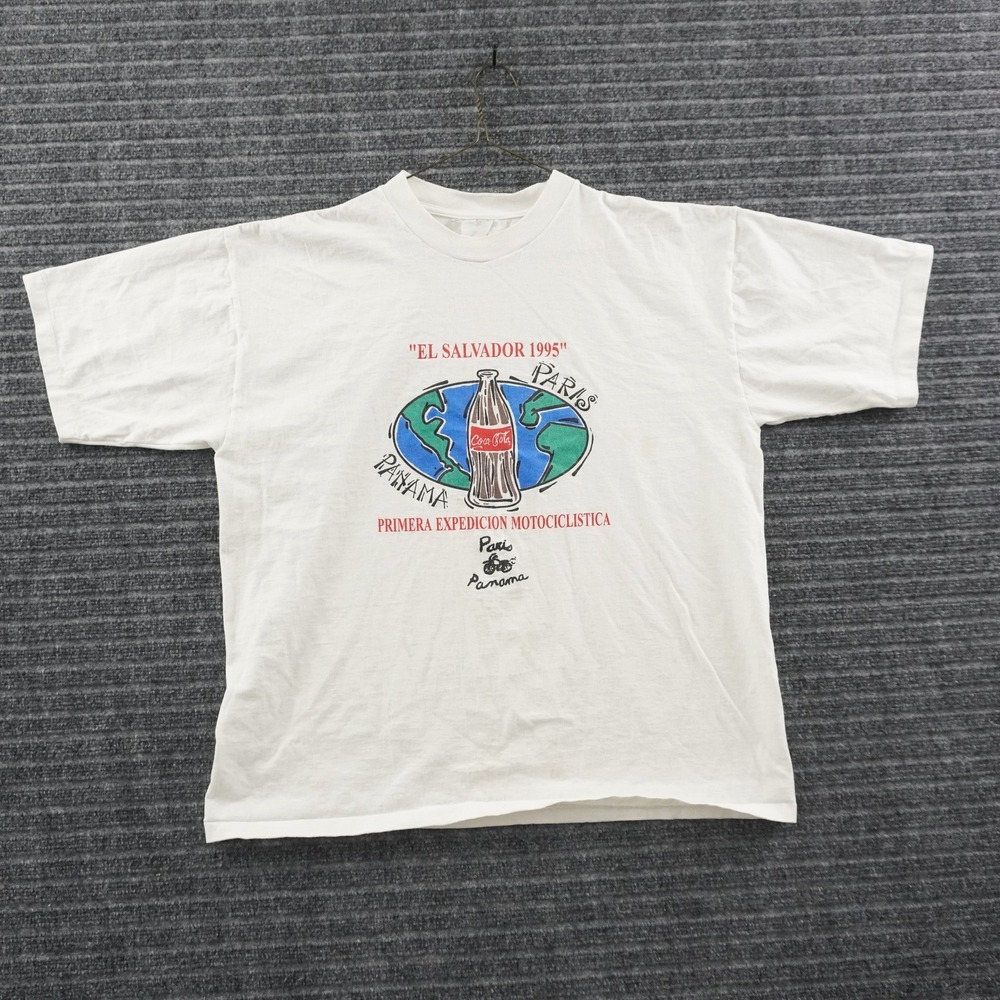 Vintage 90s Coca-Cola T-Shirt XL White Paris-Panama Motorcycle Expedition 1995